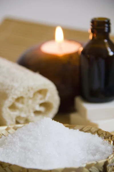 Bath salt, Aromatherapy Candles and Massage oil in a Home SPA