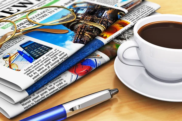 Newspapers and coffee on office table