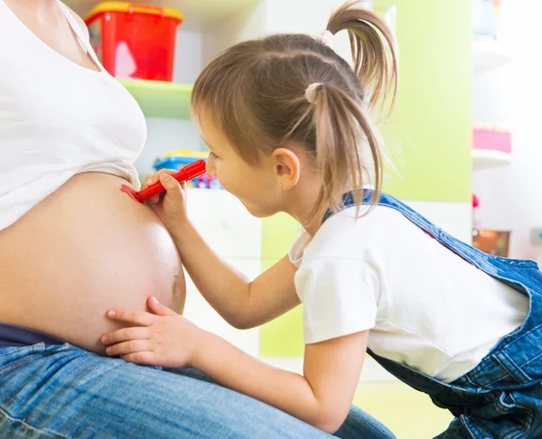 Little girl painting on mothers pregnant belly