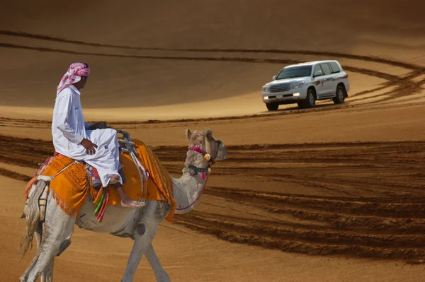 Bedouin on a camel in the desert and Jeep safari in the sand dun