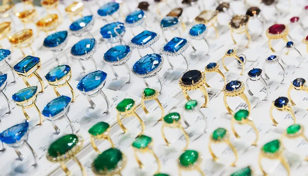 Rings with precious stones in the gold market of Dubai