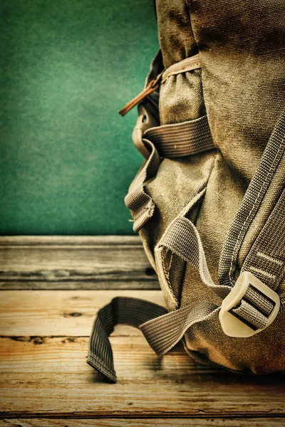 Old travel backpack on floor