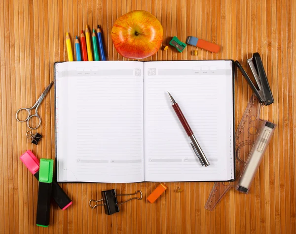 School supplies on a wooden table