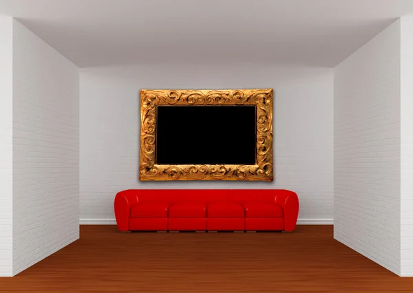 Gallery's hall with red sofa and ornate frame