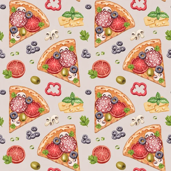 Seamless pattern with watercolor pizza illustrations