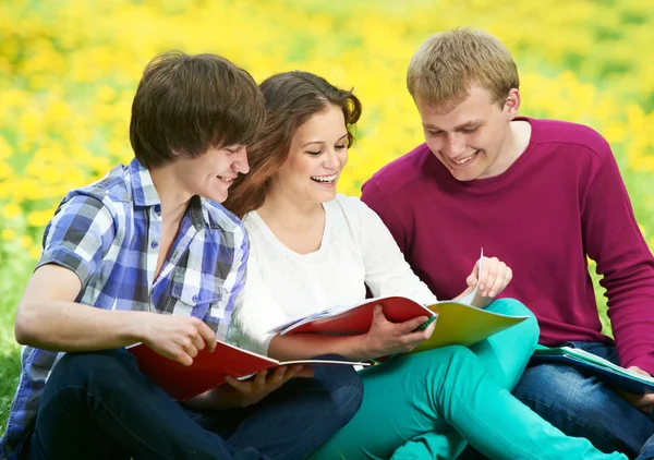 Three smiling young students outdoors
