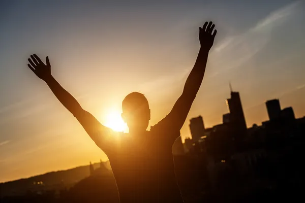 Successful Man with Raised Arms at Sunset