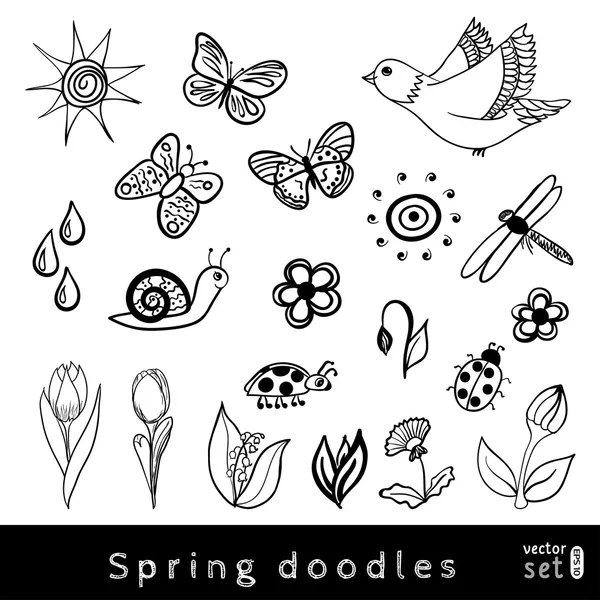 Set of sketch animals, insects and flowers