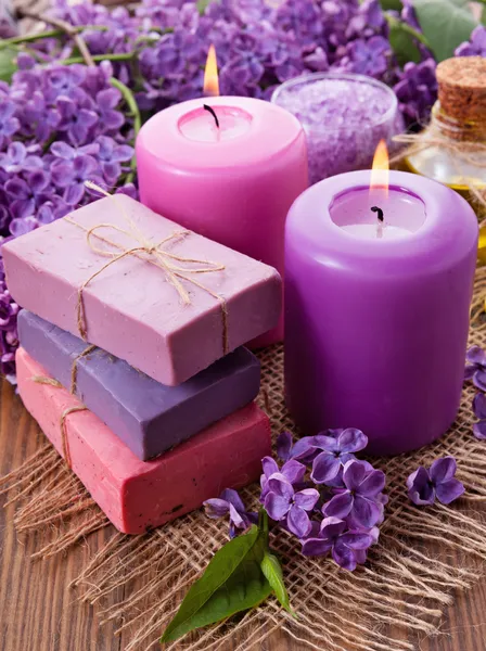 Handmade soap, candle and lilac