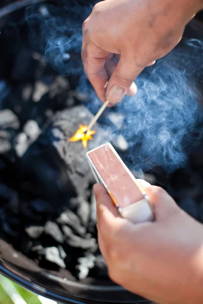 Lighting a matchstick, burn up a coal, focus on smoke