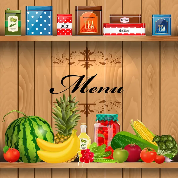 Delicious and healthy food on wooden shelves realistic