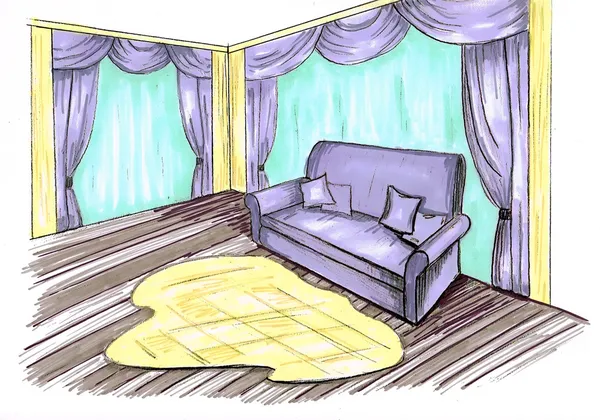 Graphic sketch, living room, design markers