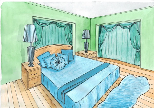 Graphical sketch of an interior bedroom, water color