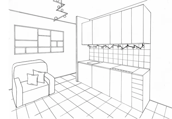 Graphic sketch, kitchen room