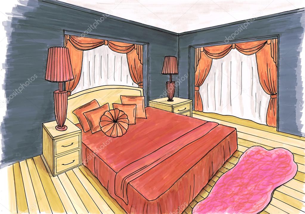 Iç bir yatak odası tasarımı işaretleri grafik çizimi — Stok Foto