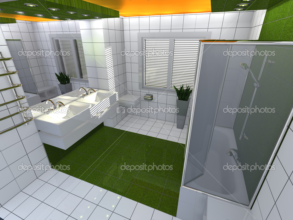 Luxe moderne salle de bain jaune vert blanc interio — photographie ...
