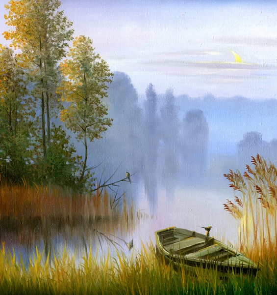 The boat on the bank of the lake, a canvas, oil — Stock Photo #13594478