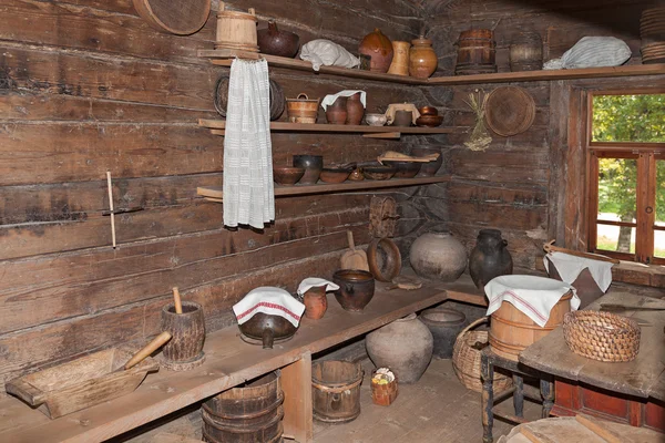 The interior of the museum of wooden architecture Vitoslavlitsy in Veliky Novgorod, Russia