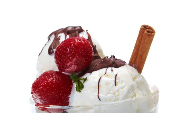 Ice cream with chocolate sauce and strawberries,cinnamo