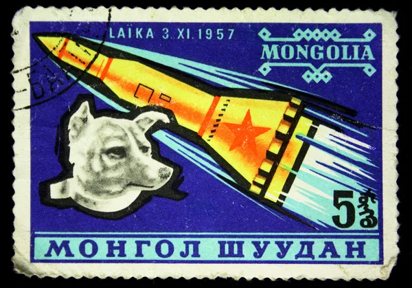 MONGOLIA - CIRCA 1980s: A stamp printed in Mongolia shows Laika - first dog in space, circa 1980s — Stock Photo #12168055