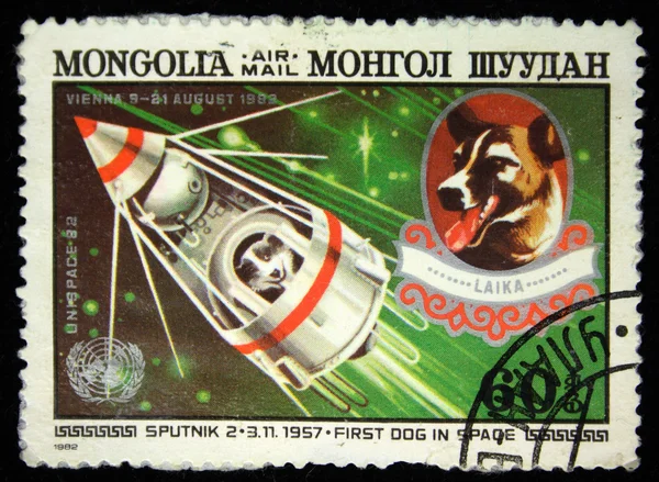 MONGOLIA - CIRCA 1982: A stamp printed in Mongolia shows Laika - first dog in space, circa 1982