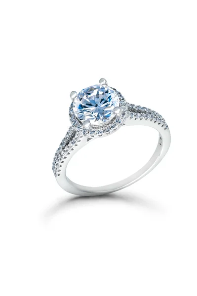 Silver Wedding or Engagement Ring with Blue Diamonds