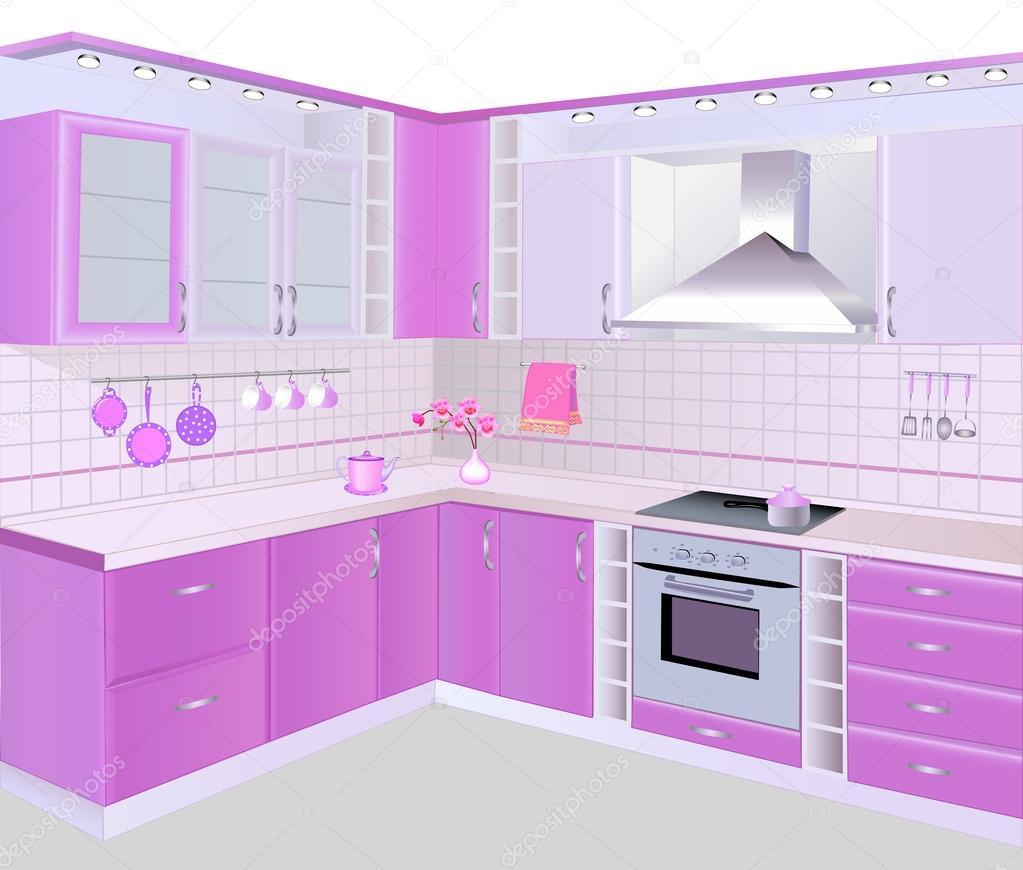 Kök interiör med rosa möbler och kakel — stock vektor © yurkina ...
