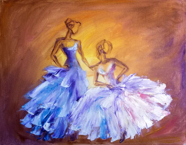 Two beautiful women at the ball. Oil painting.