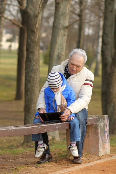 Grandfather and grandson are looking tablet on bench outdoors