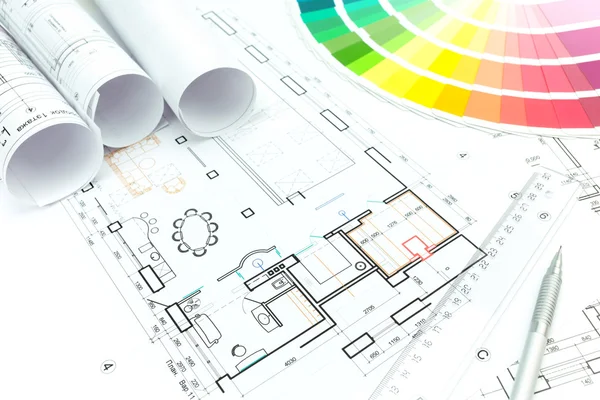 Architectural background with color samples, technical drawings