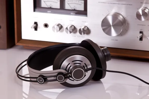 Headphones connected to audio stereo devices