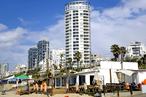Sea coast and panorama of new modern built city Bat-Yam