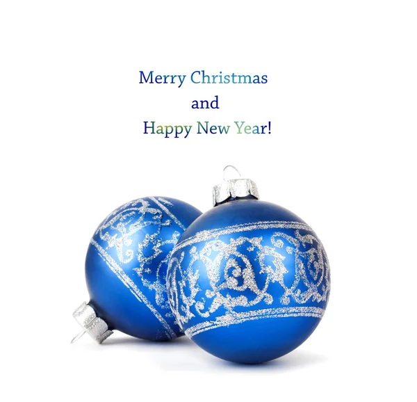 Blue Christmas balls with silver ornament isolated on white back