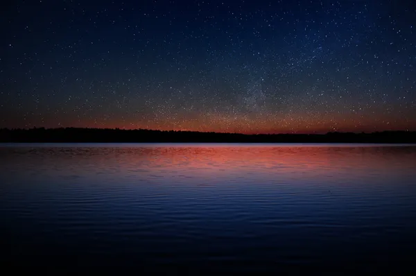 Sunset over Calm Lake with Real Stars in the Sky