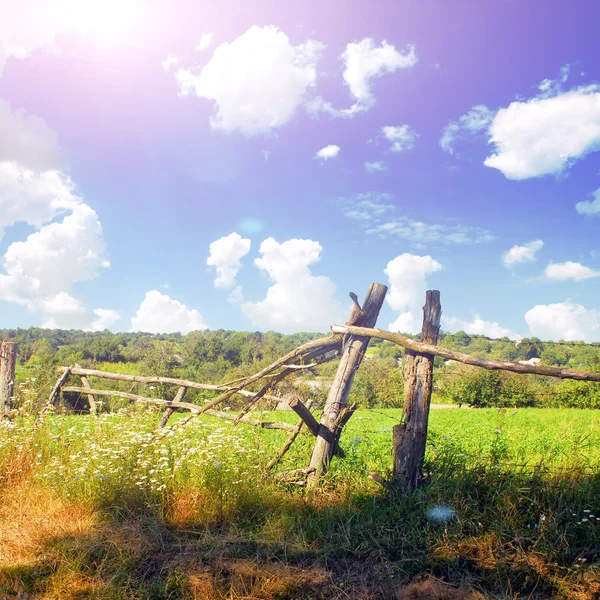 Broken wooden fence on the fiald