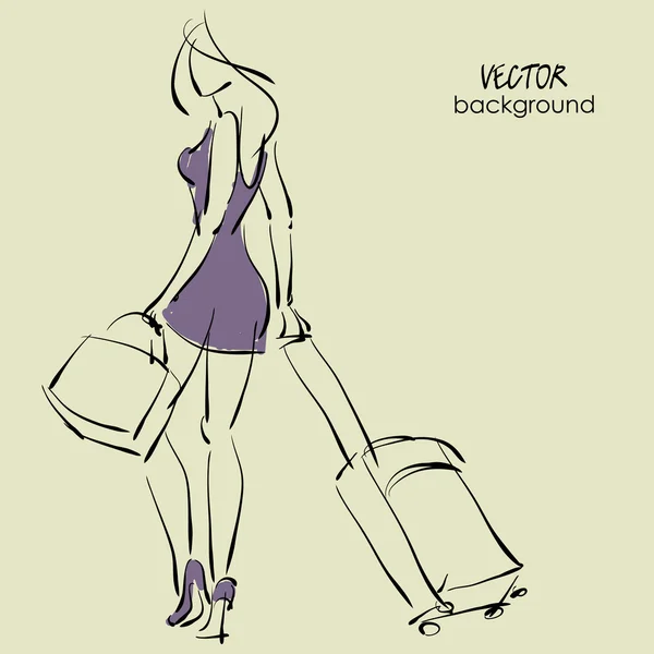 Art sketching beautiful young travel woman leaving and from the back on background with space for text