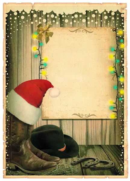 Cowboy Christmas background with Santa hat and antique paper for