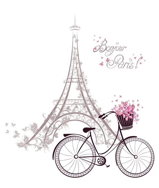 Bonjour Paris text with tower eiffel and bicycle. Romantic postc