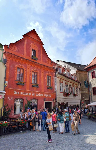CZECH REPUBLIC-CESKY KRUMLOV, September 08: Group of tourists visiting the historic center and the Wax Museum on September 08, 2013. Cesky Krumlov was given UNESCO World Heritage Site status in 1992.