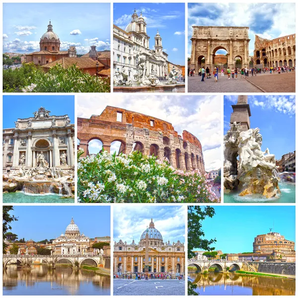 Collage of landmarks of Rome. Arch of Constantine, Colosseum, Piazza Navona, Vatican, Saint Peter cathedral, Castle and bridge Saint Angel, Fountain di Trevi