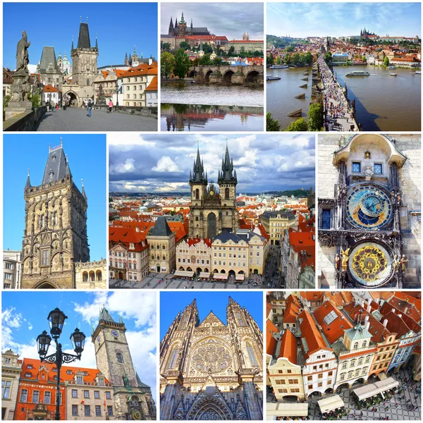 Collage of landmarks of Prague. Charles bridge, Cathedral of Saint Vitus, Orloj Astronomical Clock, Church of our Lady Tyn in old town of Prague, Czech Republic
