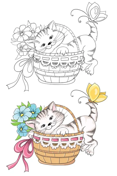 Котенок в корзинке раскраска Котенок в корзинке раскраска