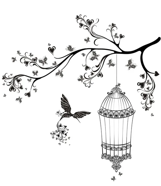 Birds out of cages. Spring birds flying on the branch. Vector illustration