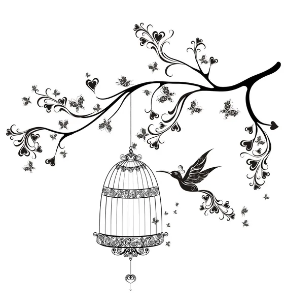 Birds out of cages. Spring birds flying on the branch. Vector illustration