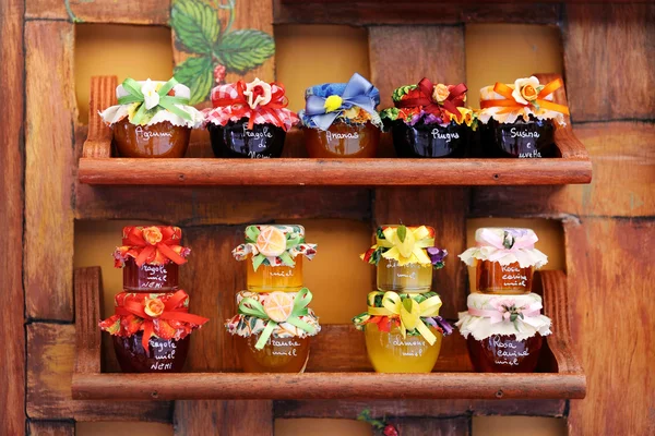 Jam jars arranged for sale