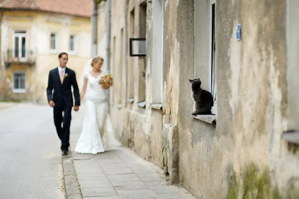 Bride and groom taking a walk