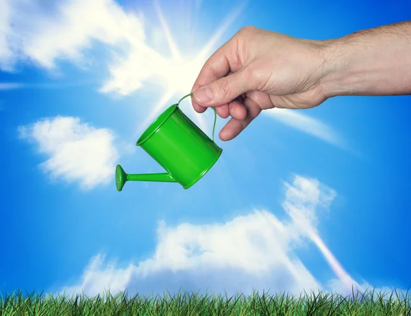 Hand is holding a watering can watering the grass