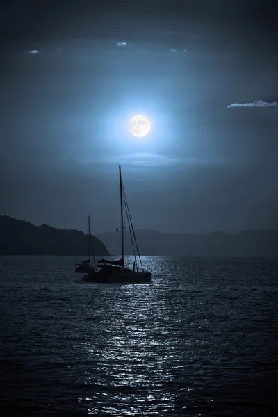 Catamaran sailing in the sea during a full moon