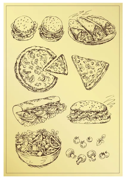 Hand drawing set of sandwiches,pizza and salad