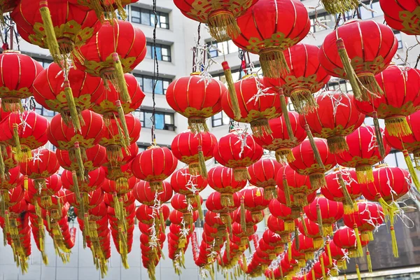 The traditional red lanterns decorating the Chinese city